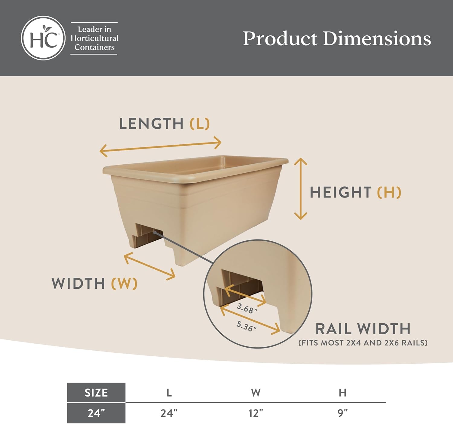 The HC Companies Deck Railing Planter Box w/Removable Drain Plugs - Lightweight & Weatherproof Plastic Flower Box - Balcony Planters for Railing and Fence (24”, Chocolate)