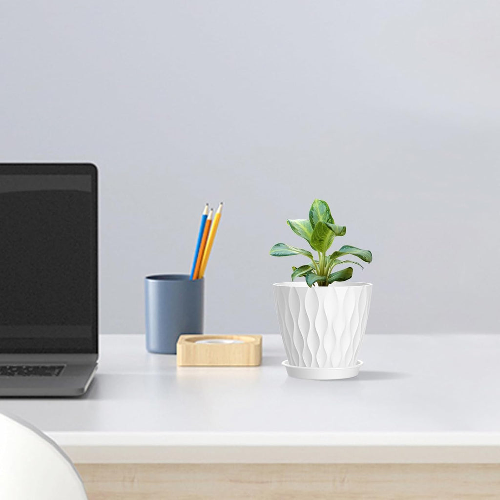 4 inch Small Plastic Nursery Pots, 5 Pack Water Ripples Plant Pots for Indoor Plants, Flower Pots with Drainage Holes and Saucers, Seedling Starter Planters for Succulent Plants, White