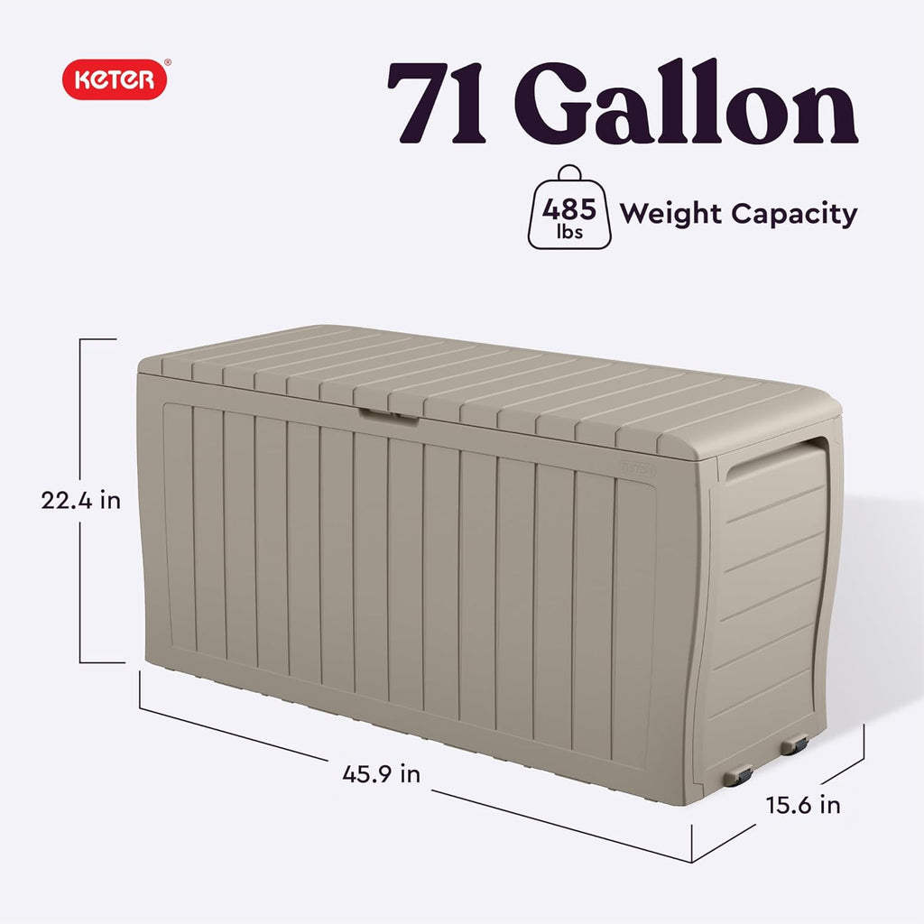 Keter Marvel Plus 71 Gallon Resin Deck Box-Organization and Storage for Patio Furniture Outdoor Cushions, Throw Pillows, Garden Tools and Pool Floats, Beige