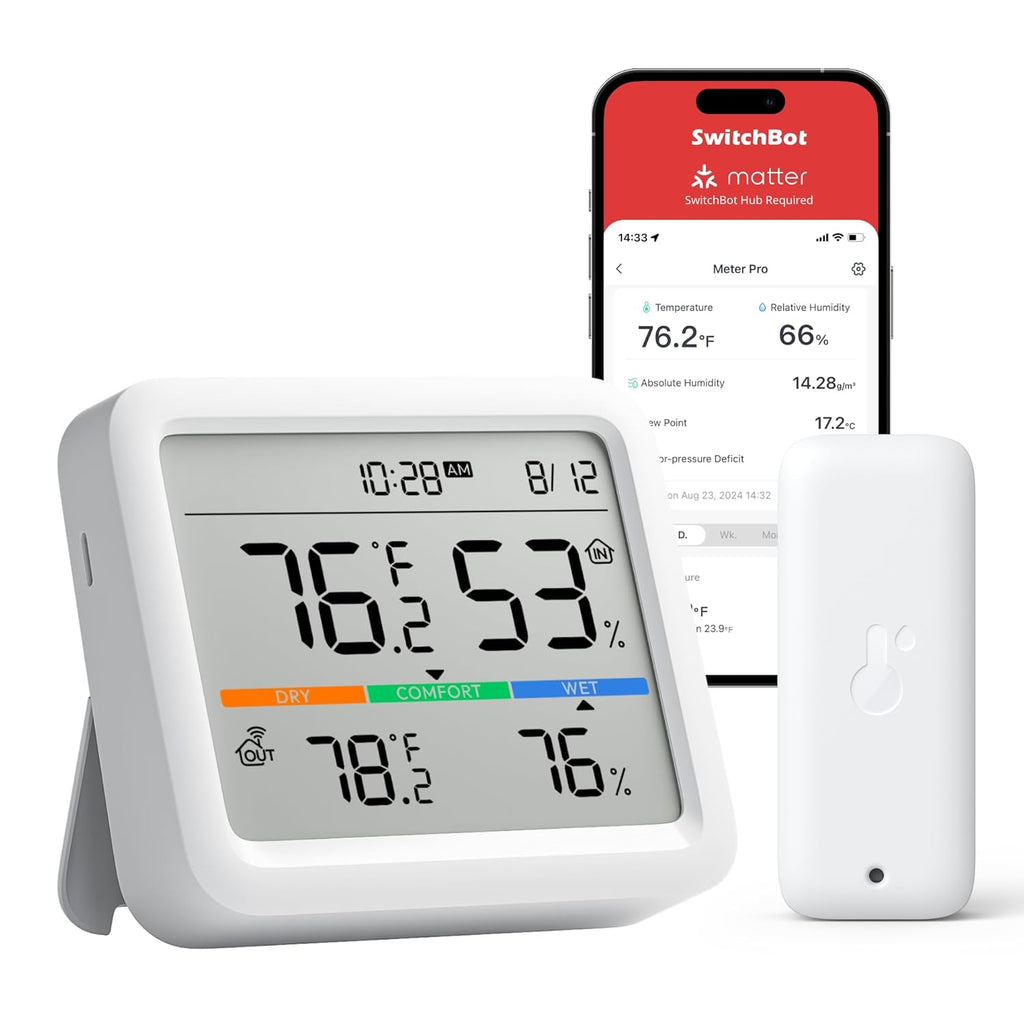 SwitchBot Meter Pro, Digital Hygrometer & Thermometer - Wireless Indoor Temperature & Humidity Monitor with Bluetooth App Control, Real-Time Alerts (1, Meter Pro+Outdoor Meter)