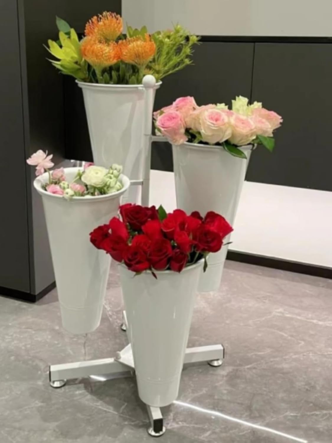 Flower Display Stand with 4 Bucket,Floral Stand with Foldable Frame for Silk Fresh Flowers,4 Tier Florist Shelf Plant Cart for flower shop Garden Living Room,Easy to Install (White Shelf+White Bucket)