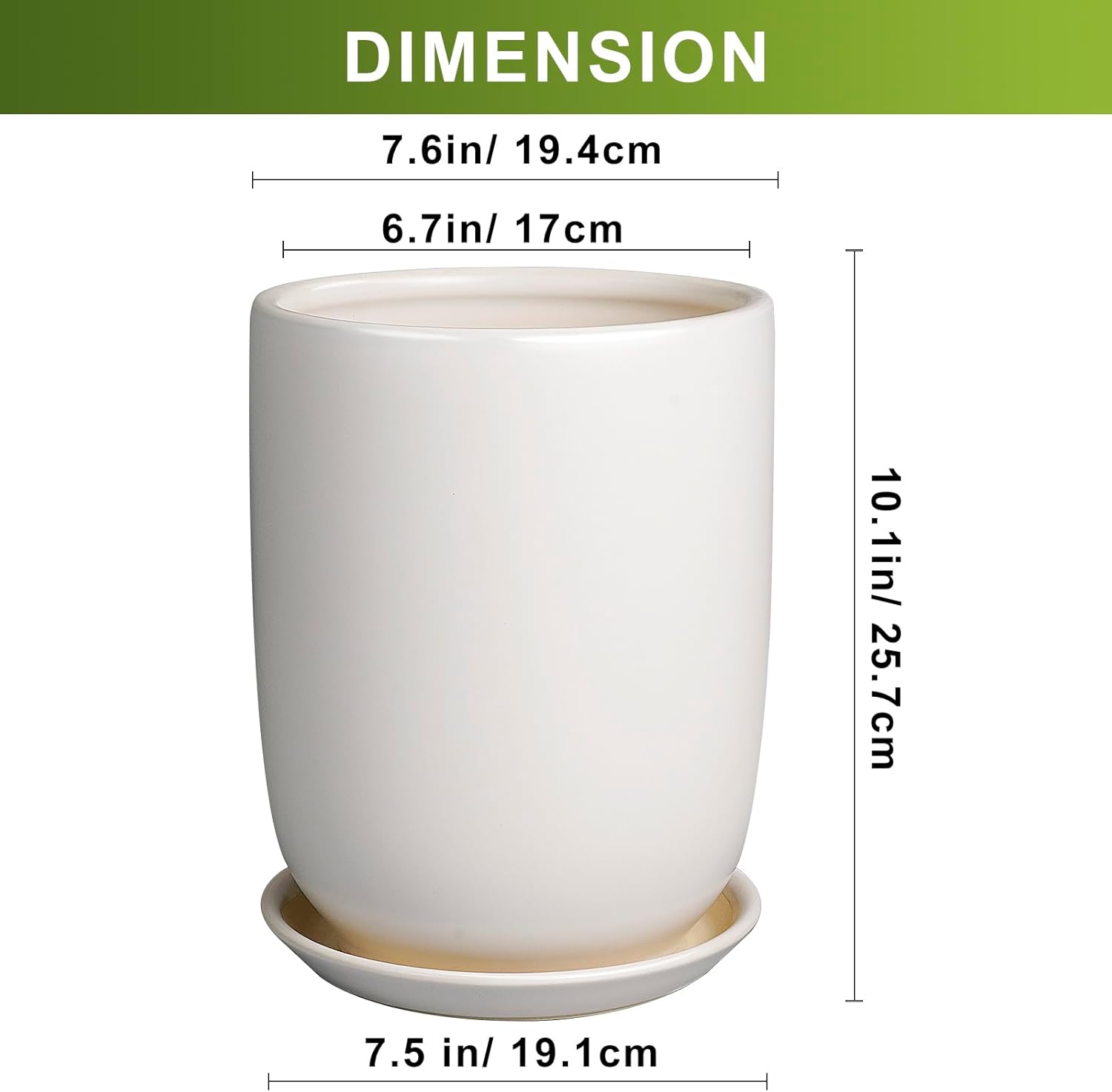 Plant Pot 8 Inch - Ceramic Planter for Indoor Plants Outdoor, Large Plant Pot with Drainage Hole and Saucer, Modern Flower Pot, White