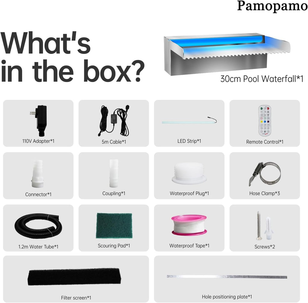 Pool Waterfall Spillway Stainless Steel Koi Pond Fountain, APP Control LED Lighted Waterfalls Kit, Outdoor Water Flow Fountains for Garden Swimming Pool Decoration-11.8"x7.8"x3.9"