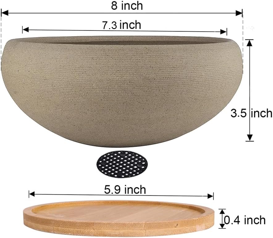 MUZHI Round Unglazed Ceramic Bonsai Pot with Bamboo Tray, Large Rough Pottery Succulent Planter with Drainage Hole 8 inch …