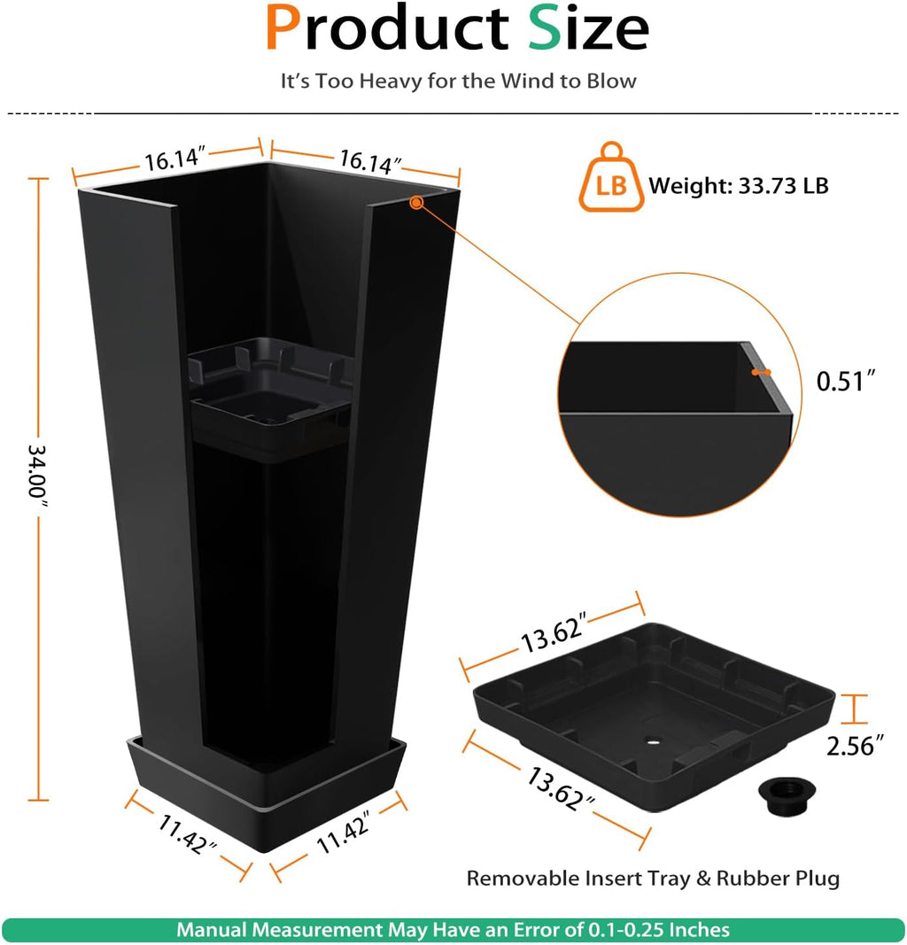 Tall Planters for Outdoor Plants, Large Resin Flower Pots with Saucers for Garden, Front Porch, Patio, Indoor - Set of 2 (Black, 34 inch - 2 Pack)