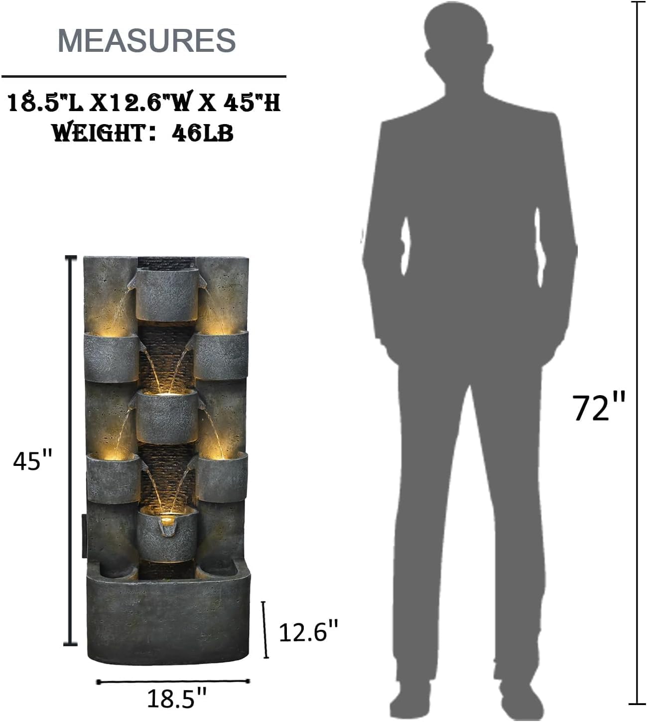 45" H Outdoor Water Fountain Garden - Large Cascading Waterfall Freestanding Fountains Water Feature with Lights for Patio Backyard Deck Porch and Home Decor, Concrete Artistry Style, Gray