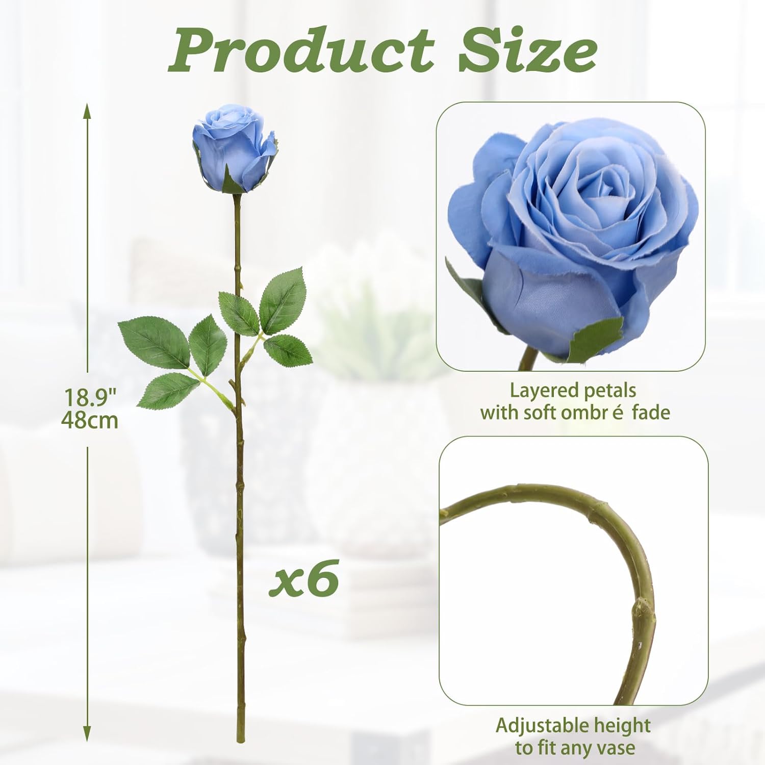Briful Blue Roses Artificial Flowers– 6PCS 18.9" Faux Rose Silk Flowers with Long Stems Realistic Fake Rose Bouquet for DIY Wedding Arrangements Table Vase Centerpieces Home Event Decor