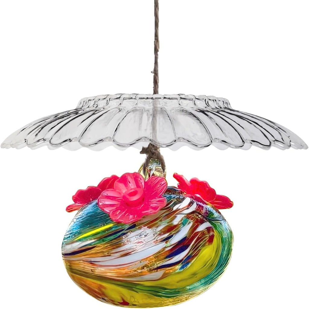 Small Glass Hummingbird Feeders for Outdoors Hanging - Hand Blown Glass Ball Nectar Feeding + Rain Cover, Multi Color with 3 Flowers Feeding Ports, Decor for Garden/Backyard Outside