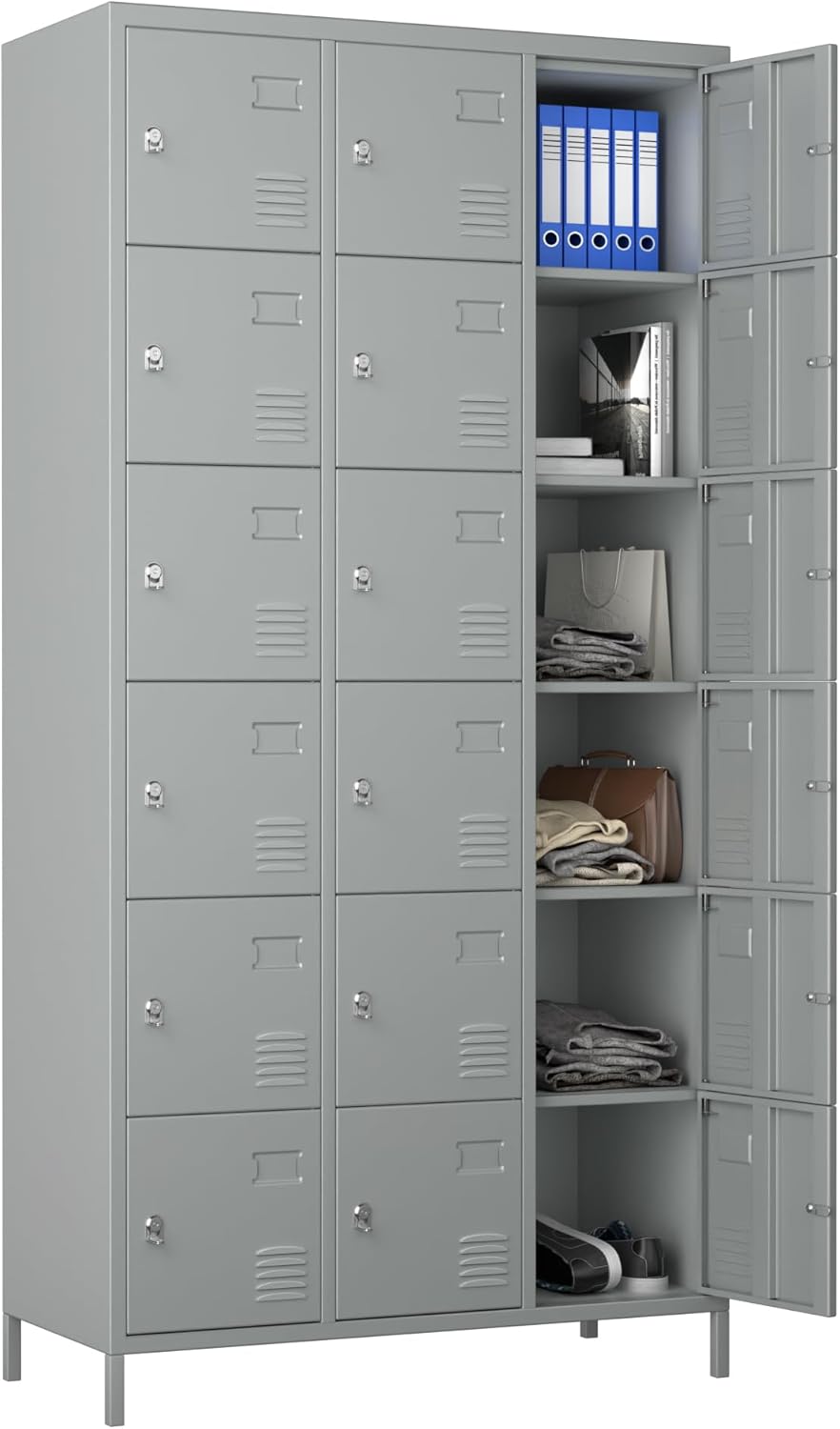 METAN Metal Locker for School Office Gym Bedroom, 18 Doors Steel Storage Locker Cabinet for Employees, Industrial Storage Locker, Assembly Required (18 Door-Grey)