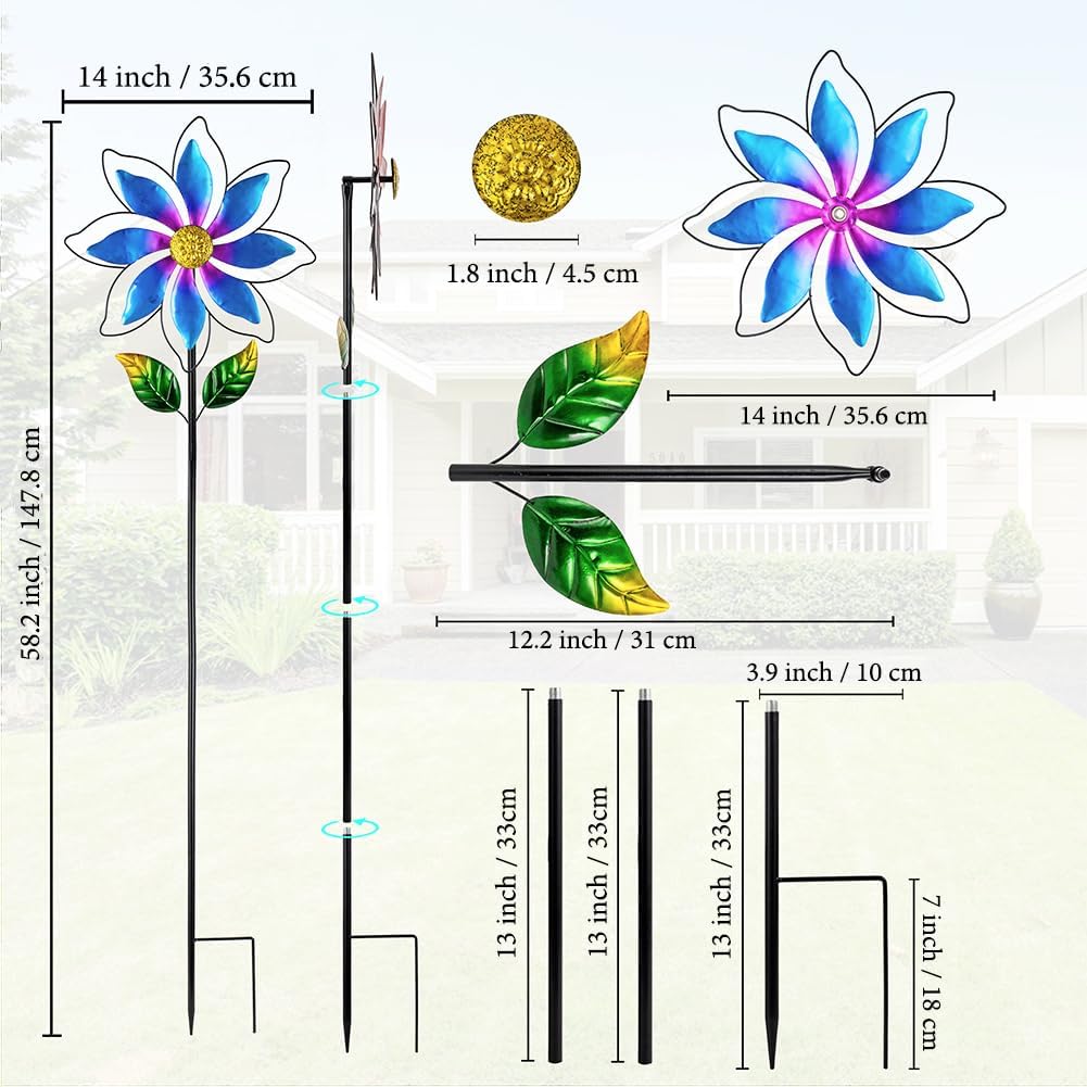 14'' Wind Spinners Outdoor, Flower Metal Garden Wind Spinners Outdoor, Kinetic Wind Sculptures & Spinners for Yard Garden Lawn Decor (Blue)
