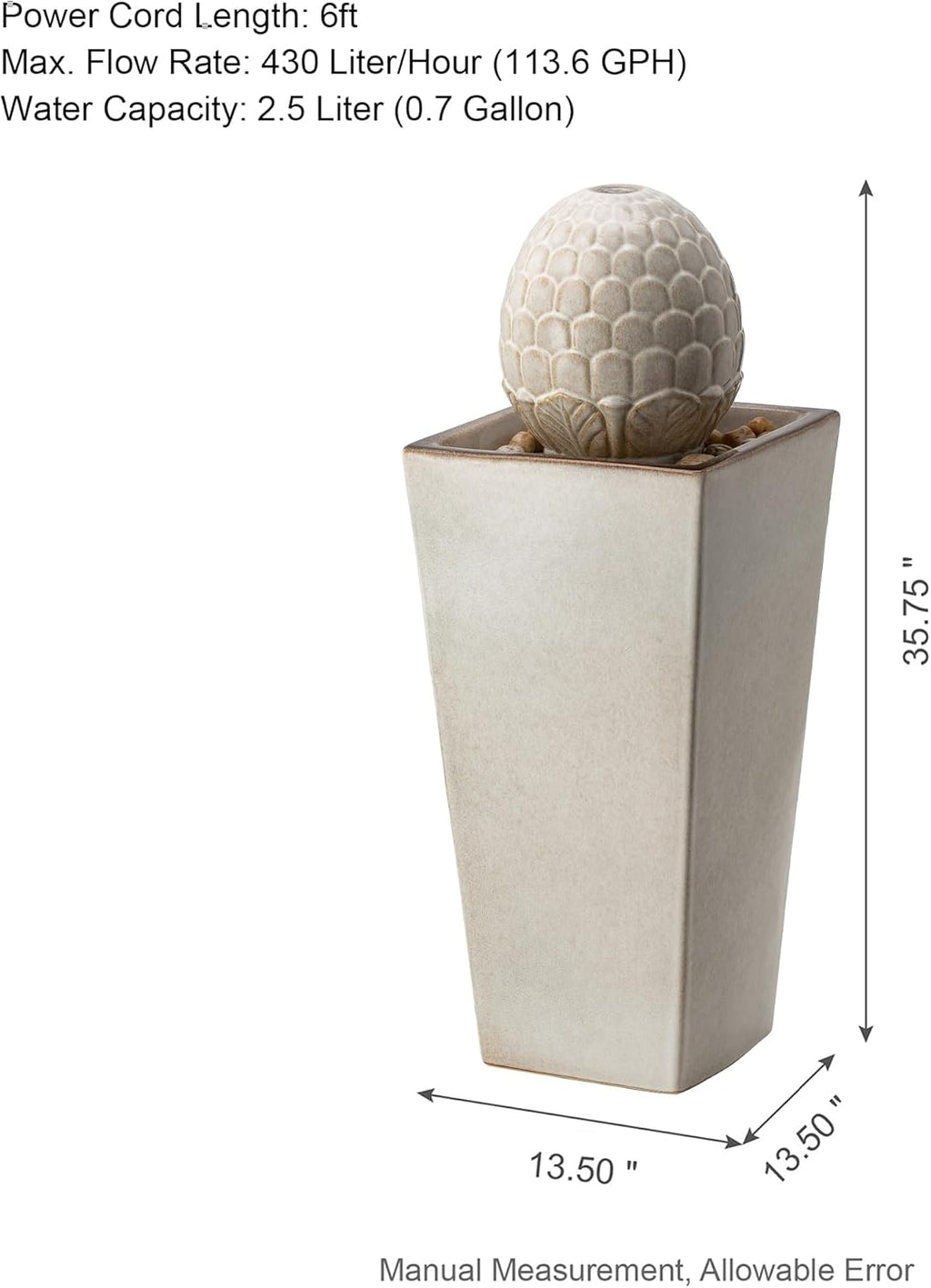Glitzhome Ceramic Outdoor Water Fountain with LED Light, Oversized Artichoke Pedestal Water Fountains with Submersible Pump, Patio Fountain Waterfall for Garden Patio Deck Porch, Sand Beige, 35.75" H