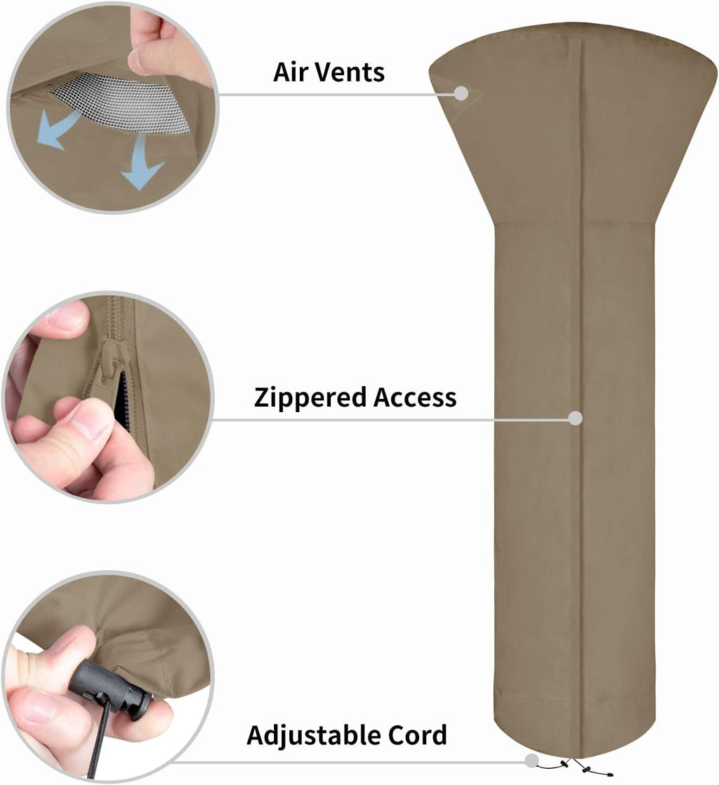 Easy-Going Patio Heater Cover with Zipper and Storage Bag, Waterproof Outdoor Heater Cover Dustproof, UV-Resisant, Wind-Resistant (89" H x 33" D x 19" B, Camel)