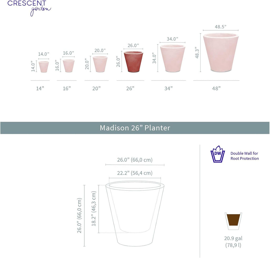 Crescent Garden Madison Planter– Weather-Resistant, Double Walled Indoor/Outdoor Plant Pot with Drain Hole – Large Plastic Plant Pot, 26" W (Slate)