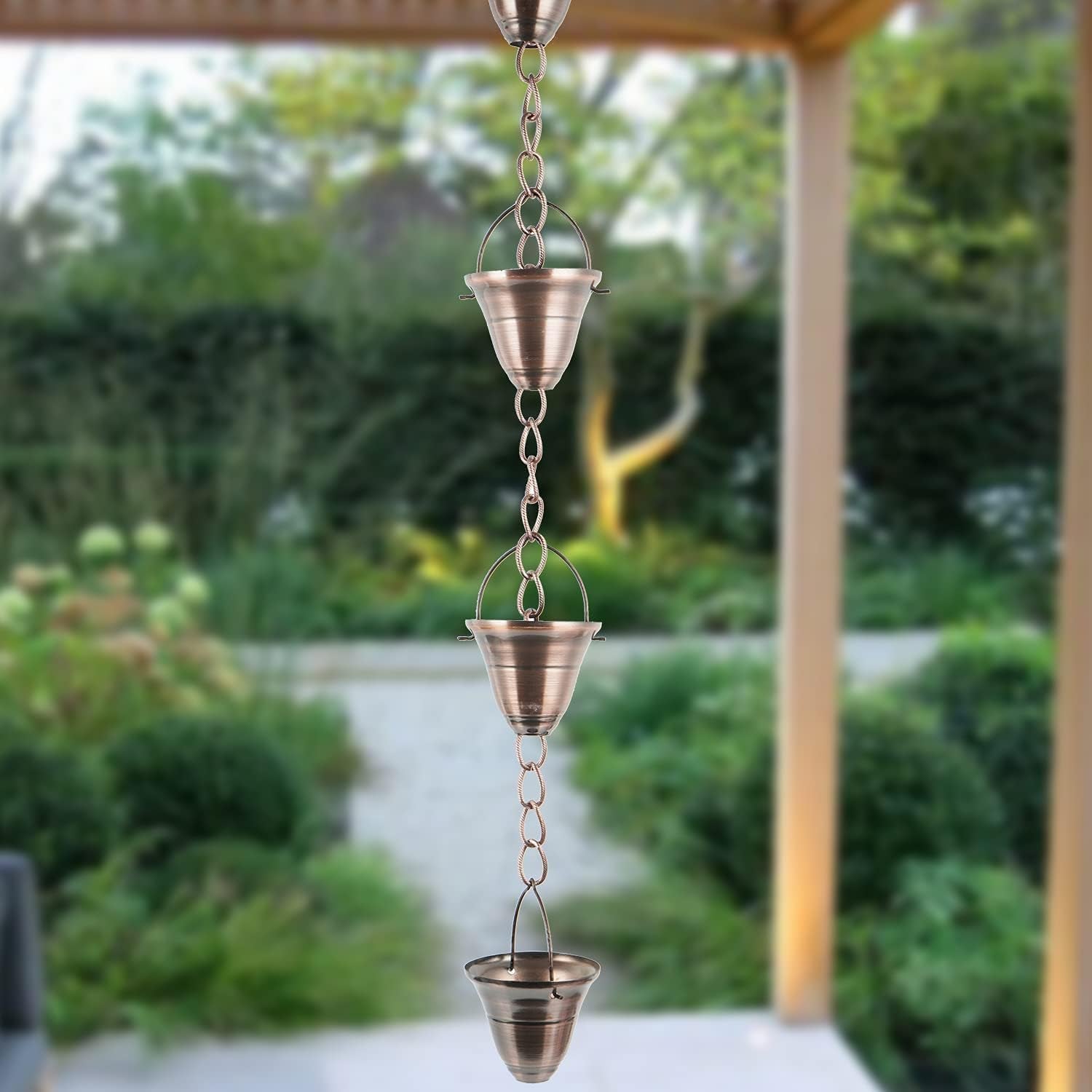 DUSVALLY Rain Chain, 8FT Bell Metal Rain Chain, Functional and Decorative Replacement for Gutter Downspouts, Divert Water and Home Display, Adjustable, Antique Gold