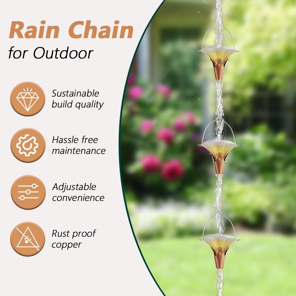 8.5 FT Rain Chain, Metal Rain Gutter Chains with 10 Morning Glory Shaped Cups, Adjustable Metal Rain Catcher Chain for Eaves Drainage, Replacement for Downspout