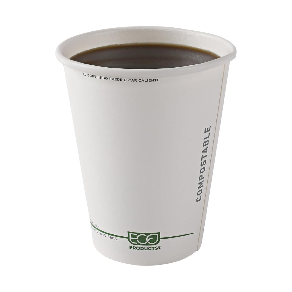 ECO PRODUCTS Compostable Disposable GreenStripe 12oz Coffee Cups, Pack of 50, White Single Wall Hot Paper Cup, Plant Based PLA Lining, Biodegradable