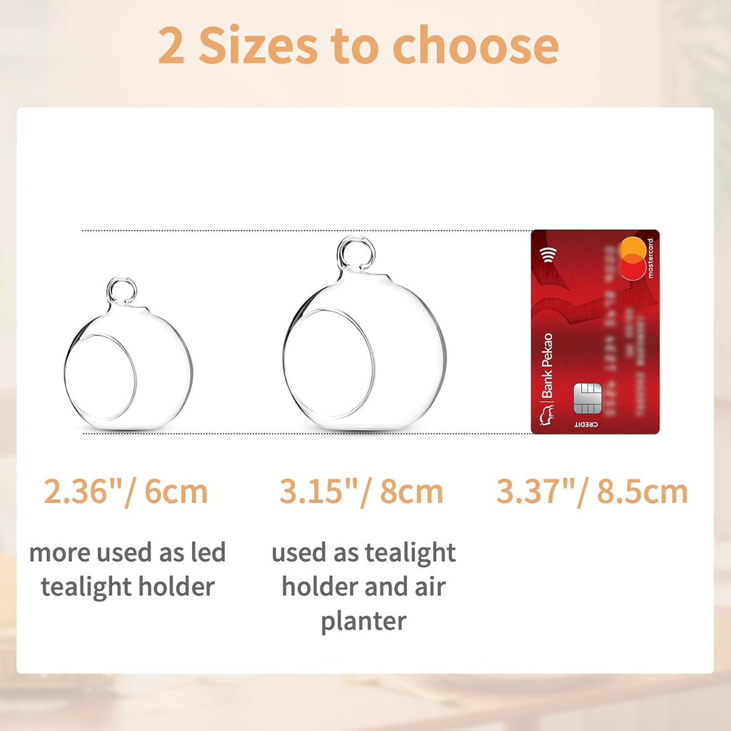 Nuptio 8 Pcs 3.15"/ 8cm Hanging Glass Tealight Holder Globe Plant Terrariums Glass Orbs Air Plants Tea Light Candle Holders Home Decor Indoor Outdoor Garden (6 Pcs + 2 Pcs)