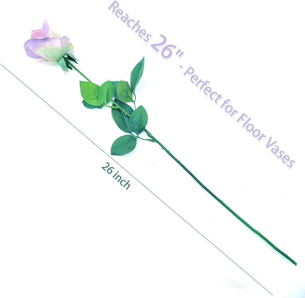 26inch Real Touch Artificial Roses - Long Stem Fake Silk Flowers with Leaves for Wedding, Home Decor, Centerpieces, Office Party, Looks Real (10,Lav Gray)