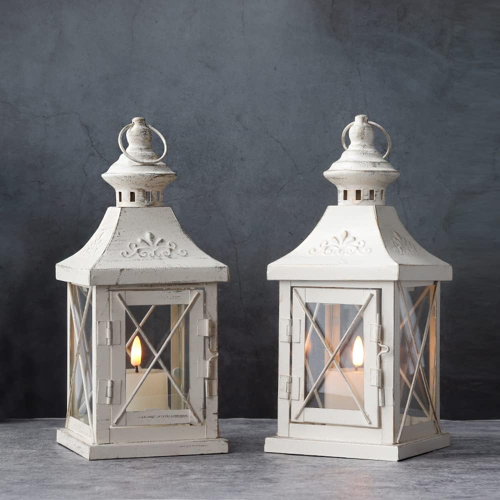 TRIROCKS Set of 2 Decorative Candle Lantern 11'' High Metal Candle Holder Hanging Lantern Perfect for Home Decor Halloween Living Room Parties Events Tabletop Indoors Outdoors (White with Gold Brush)
