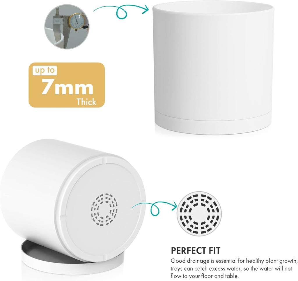 10 Inch Large Plant Pots for Indoor Outdoor Plants, Cylinder Deep Flower Pots with Drainage Holes and Saucer, Big Decorative Plastic Planter Pots for Garden House Plants, White