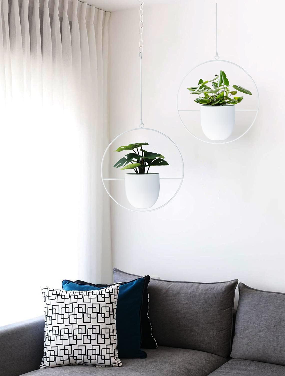 2 Pack Hanging Planters for Indoor Outdoor Plants Modern Metal Plant Hangers, Wall and Ceiling Hanging Plants Baskets Mid Century Minimalist Flower Pots Home Decor (White)