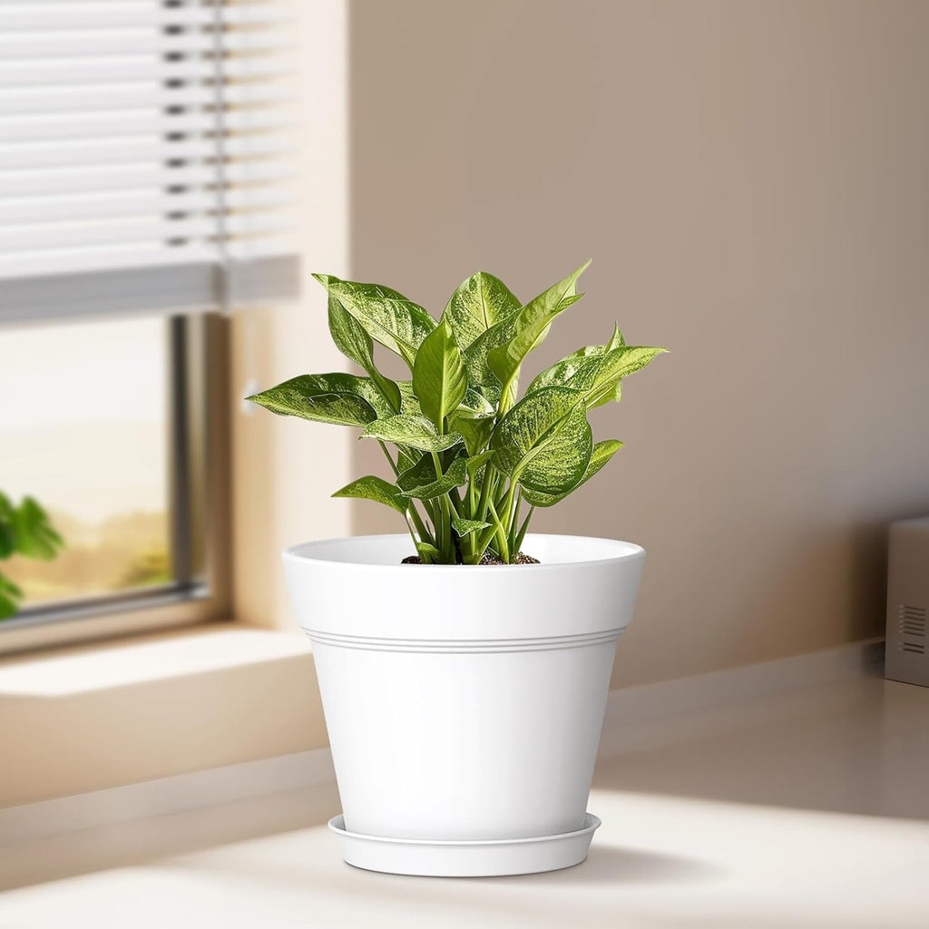 7 Inch Thick Plastic Plant Pots with Drainage Holes and Trays – 6 Pack Nursery Pots for Indoor & Outdoor House Plants, Seedling Starter Planters for Garden Flowers, Colorful