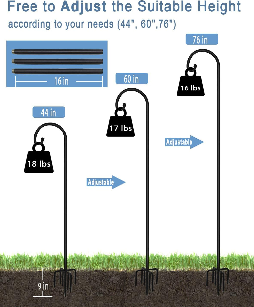 76 inch Outdoor Shepherd Hook with 5 Prong Base (2 Packs), Adjustable Heavy Duty Garden Hanging Stake for Bird Feeder Solar Light Plant Hanger Wedding Decor, Matte Black