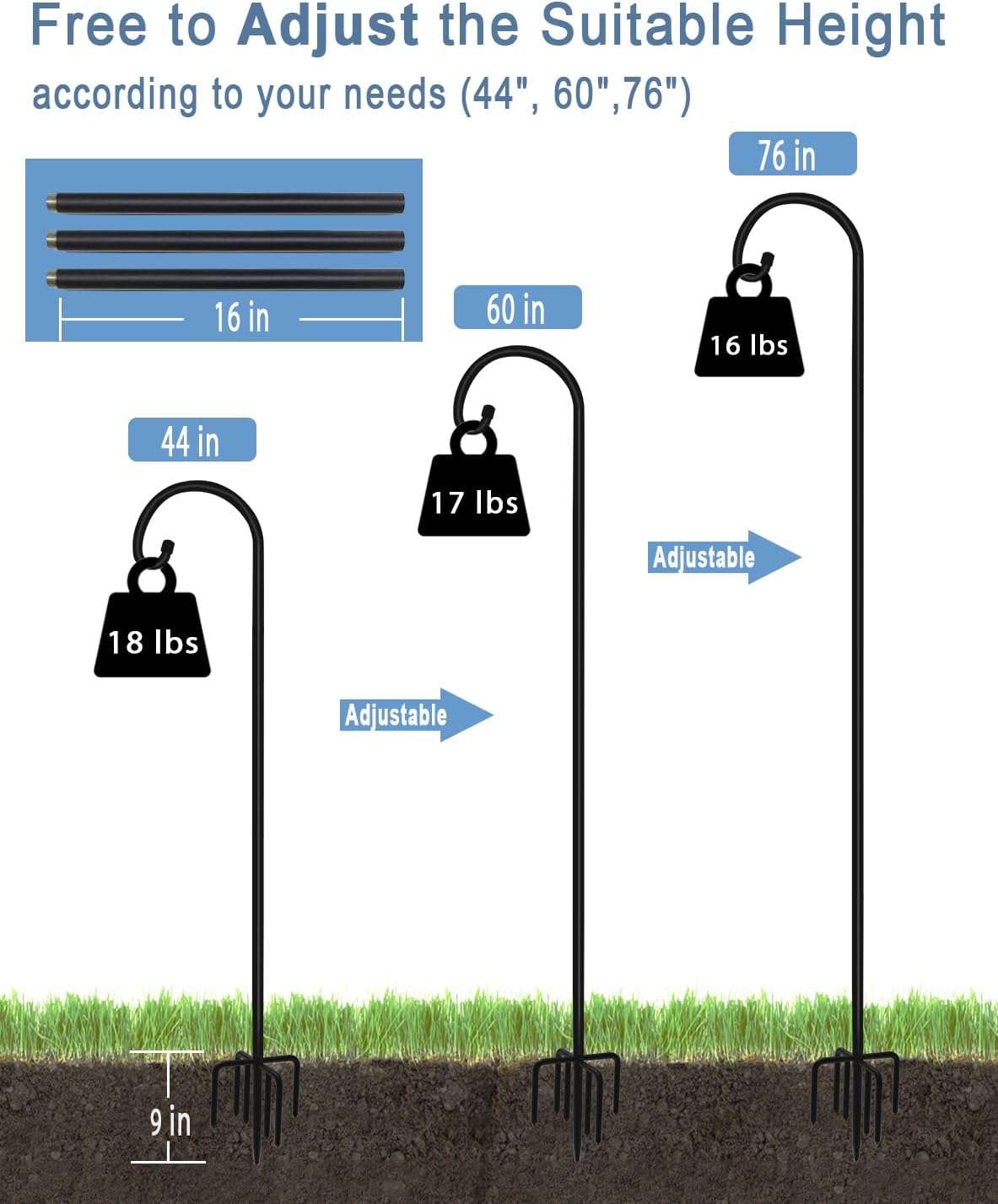 76 inch Outdoor Shepherd Hook with 5 Prong Base (2 Packs), Adjustable Heavy Duty Garden Hanging Stake for Bird Feeder Solar Light Plant Hanger Wedding Decor, Matte Black
