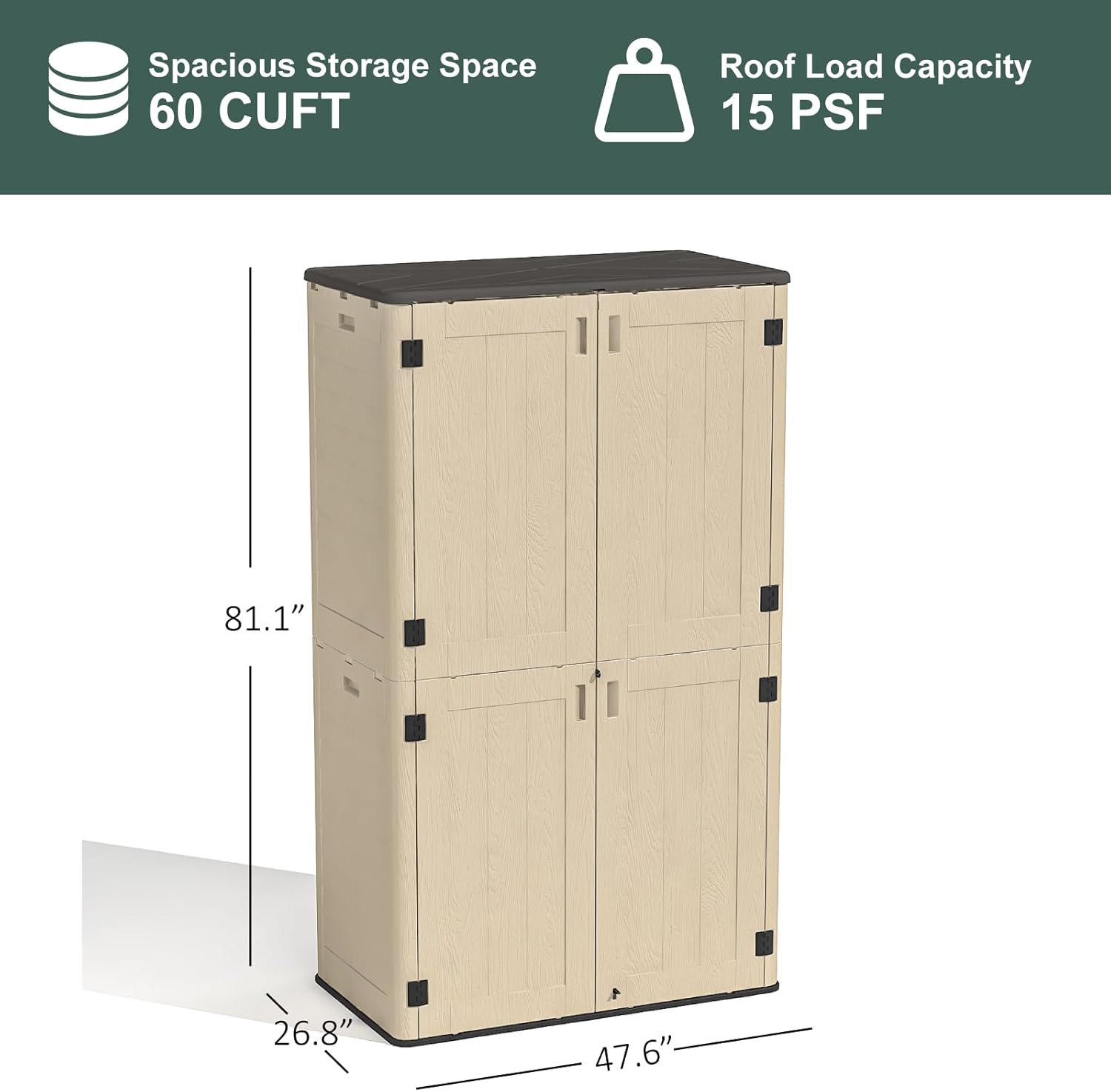 60 Cu.Ft Vertical Outdoor Storage Shed, All-Weather Resin Storage Cabinet Waterproof with Lockable Floor, Tall Backyard Shed for Patio Furniture, Garage, Garden, Pool Accessories, Porch (Khaki)