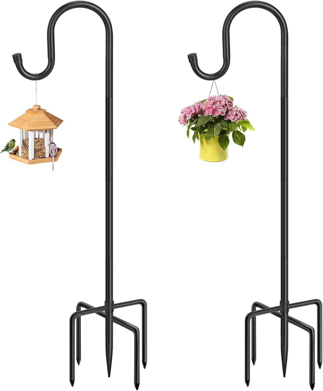 36 Inch Shepherds Hooks for Outdoor, Heavy Duty Bird Feeder Pole with 5 Prong Bases, Garden Hanging Stake for Bird Feeder, Solar Light, Plant Hanger, Wedding Decor, Metal Hanger Hooks, Black, 2 Packs