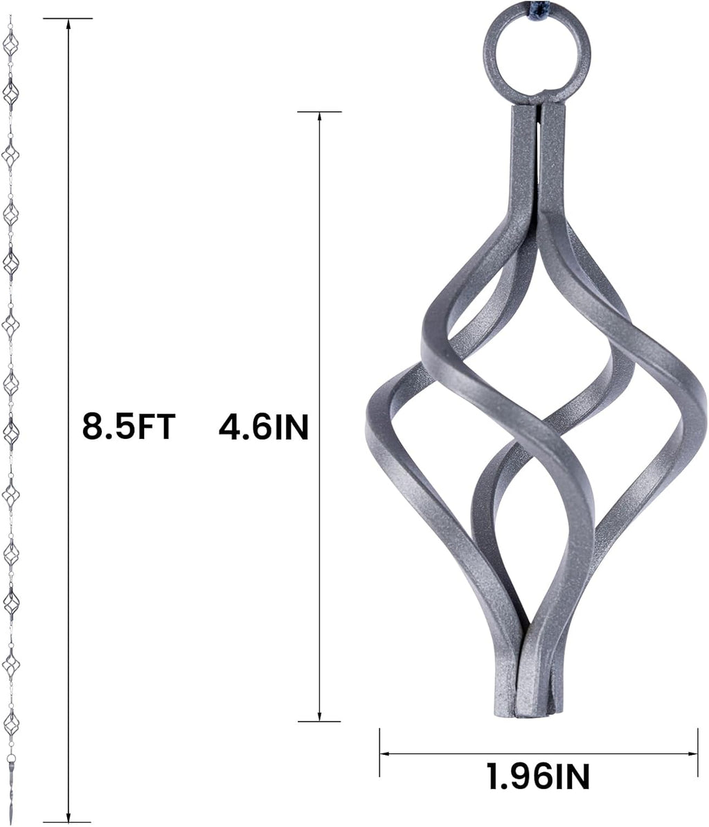 Rain Chain Bird Cage Set 8.5Ft, Wrought Iron Rain Chains for Gutters with Adapter Gotta Drain and Anchoring Stake,13 Birdcage, 1 Hook, Not Rust,Adjustable Length for Garden (Blue Gray)