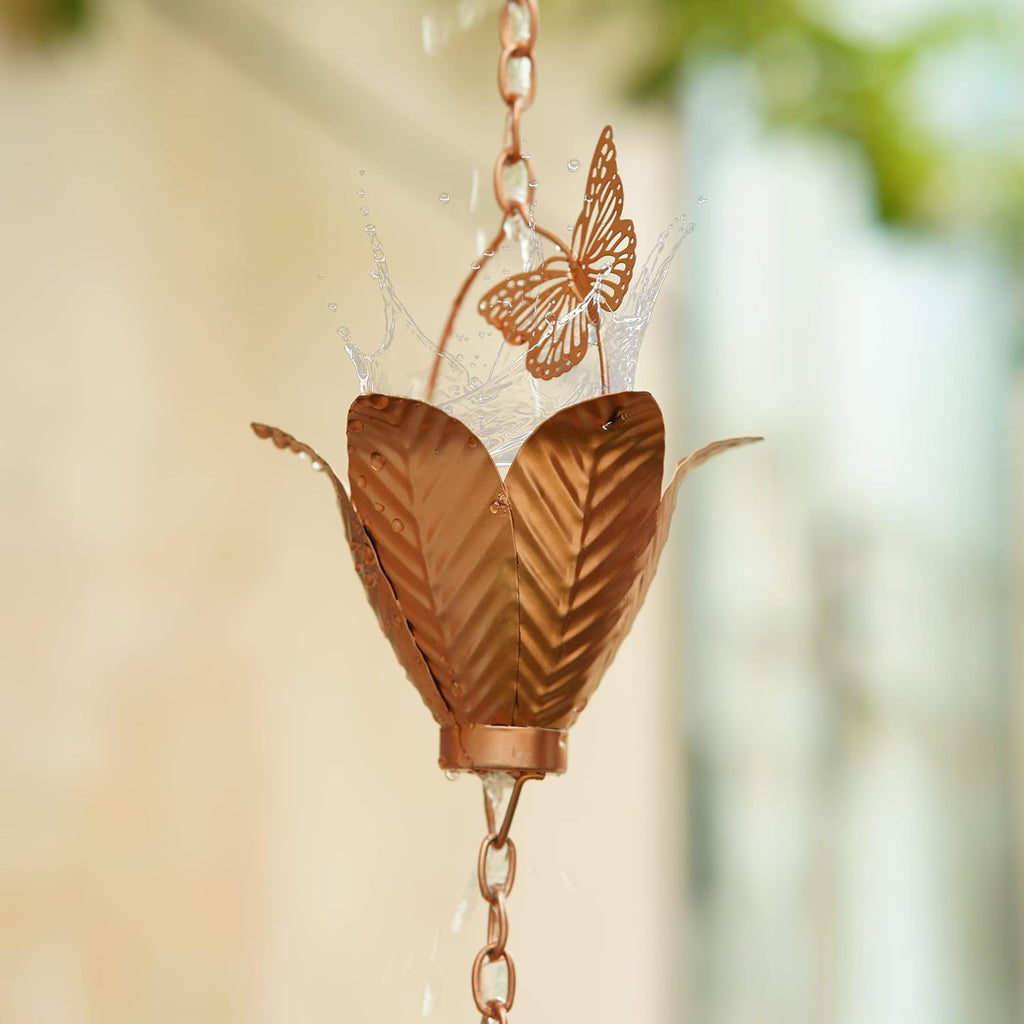 Metal Rain Chain Decoration 8.7FT., Rain Catcher Metal Chain Gutter Downspout 105'' for House Eaves, Garden & Home, Butterfly&Flowers Shape Rain Chains