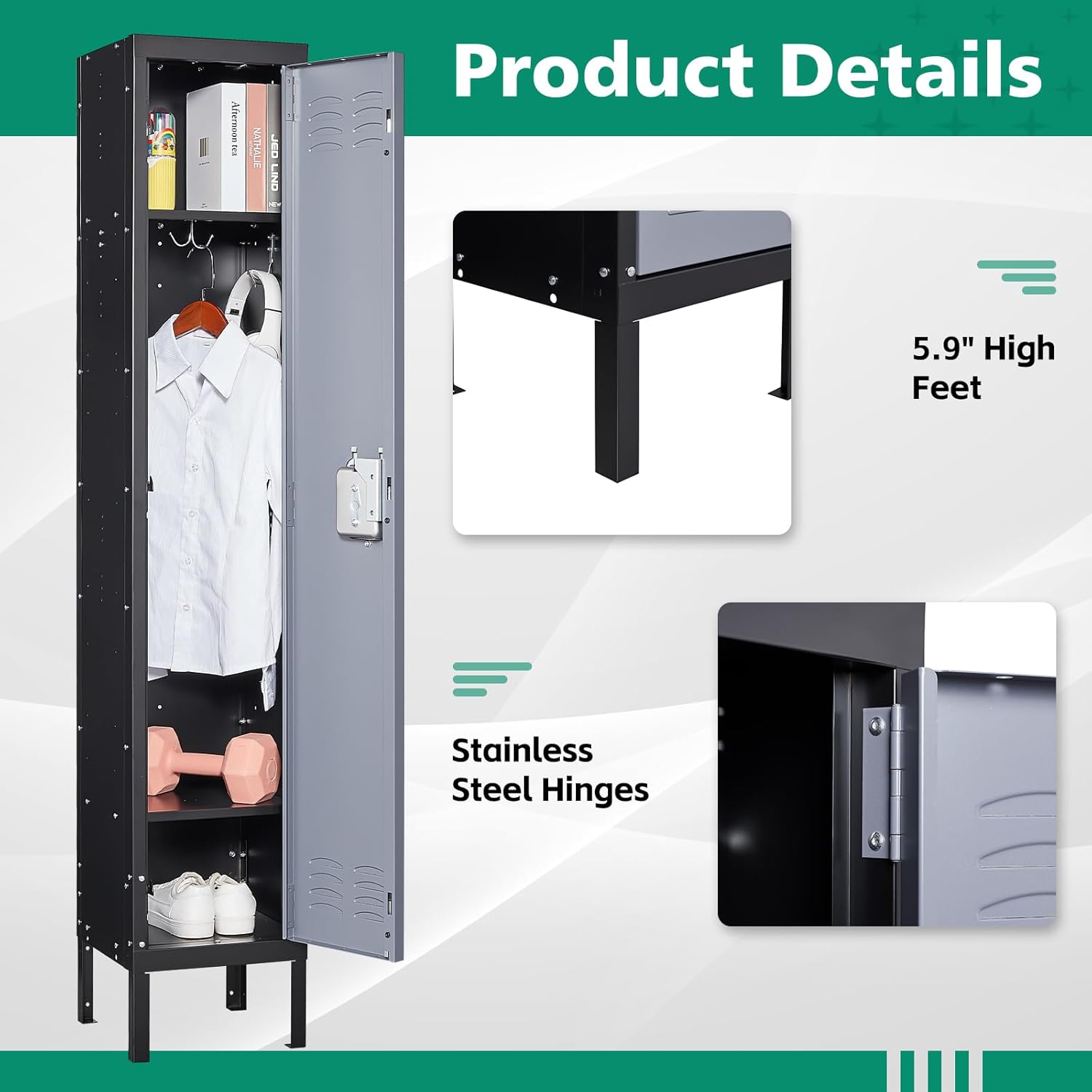 Letaya Metal Locker for Employees,Lockable Clothes Storage Steel Organizer Cabinet for Work,School,Gym,Home,Office,Staff,Kid Room (1 Door-Black Gray)