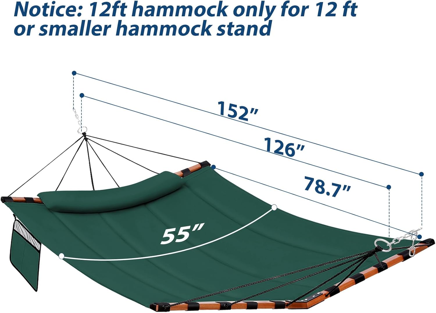 12FT 2 Person Hammock TegerDeger Large Hammock 450LB Capacity with V Shaped Hardwood Spreader Bar & Nylon Rope for Outside, Patio, Garden, Backyard, Beach, Poolside - Dark Green