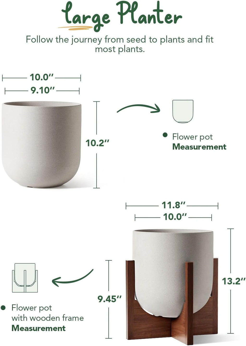 LE TAUCI 10 Inch Planter with Acacia Wood Stand, Ceramic Planters for Indoor Plants, Unique Plant Pots Indoor for Home Decor, Cylinder Pots for Plants with Drainage Hole and Plug, Neutral Gray