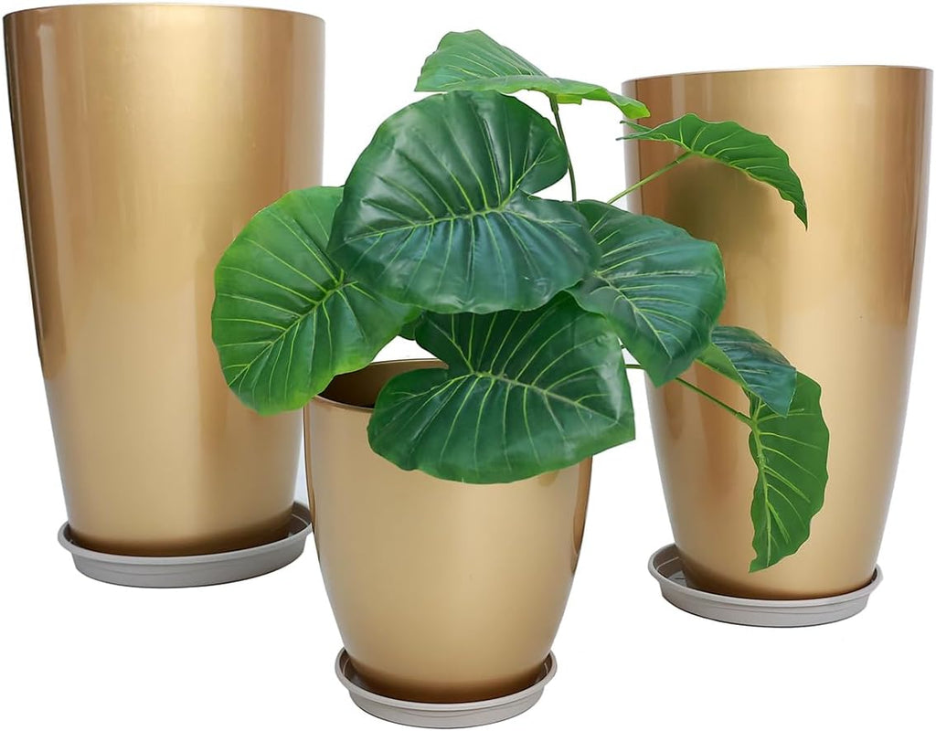 24,21,11 Inch Large Plastic Planters with Drainage Hole and Saucer - Set of 3 Tall Plant Pots Indoor Flower Pot Tall Round Planters Outdoor Large Tall Planter