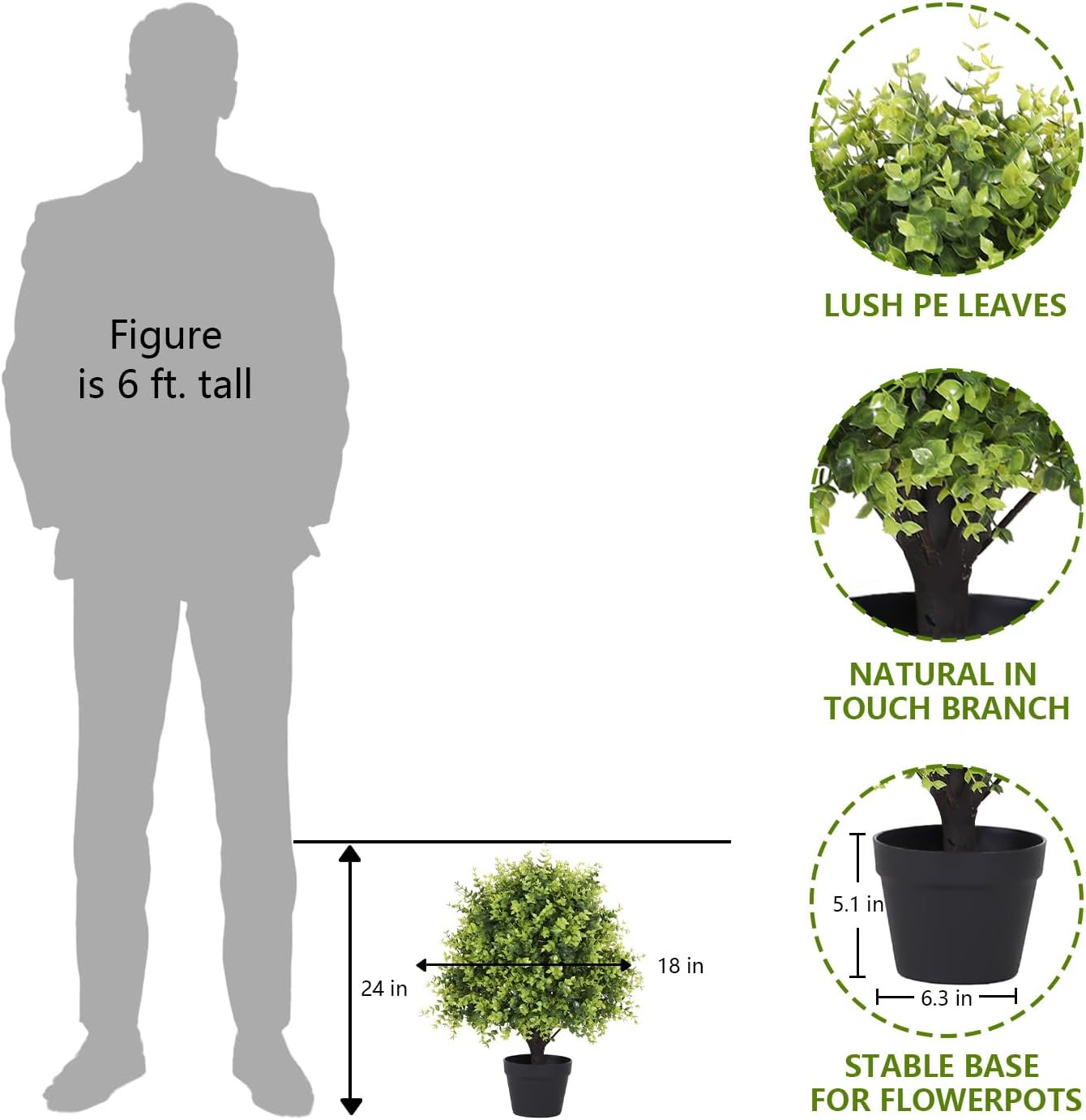 THE BLOOM TIMES 2ft Faux Boxwood Plants Outdoor Set of 2, Topiary Balls Artificial Outside Trees, 24" UV Resistant Fake Greenery Bushes & Shrubs for Front Porch Planter