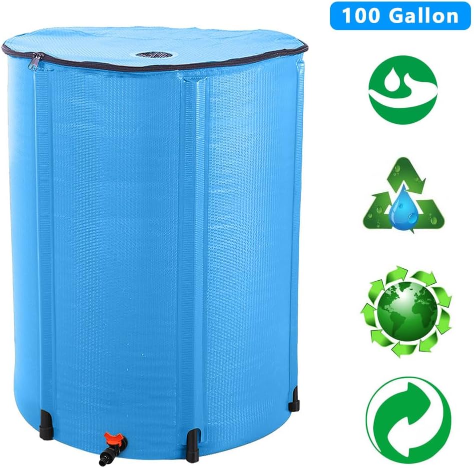 100 Gallon Collapsible Rain Barrel, Portable Rainwater Collection System, Water Storage Tank, Rain Catcher Barrel with Spigots and Overflow Kit, Rain Water Barrel Collector for Garden, Blue