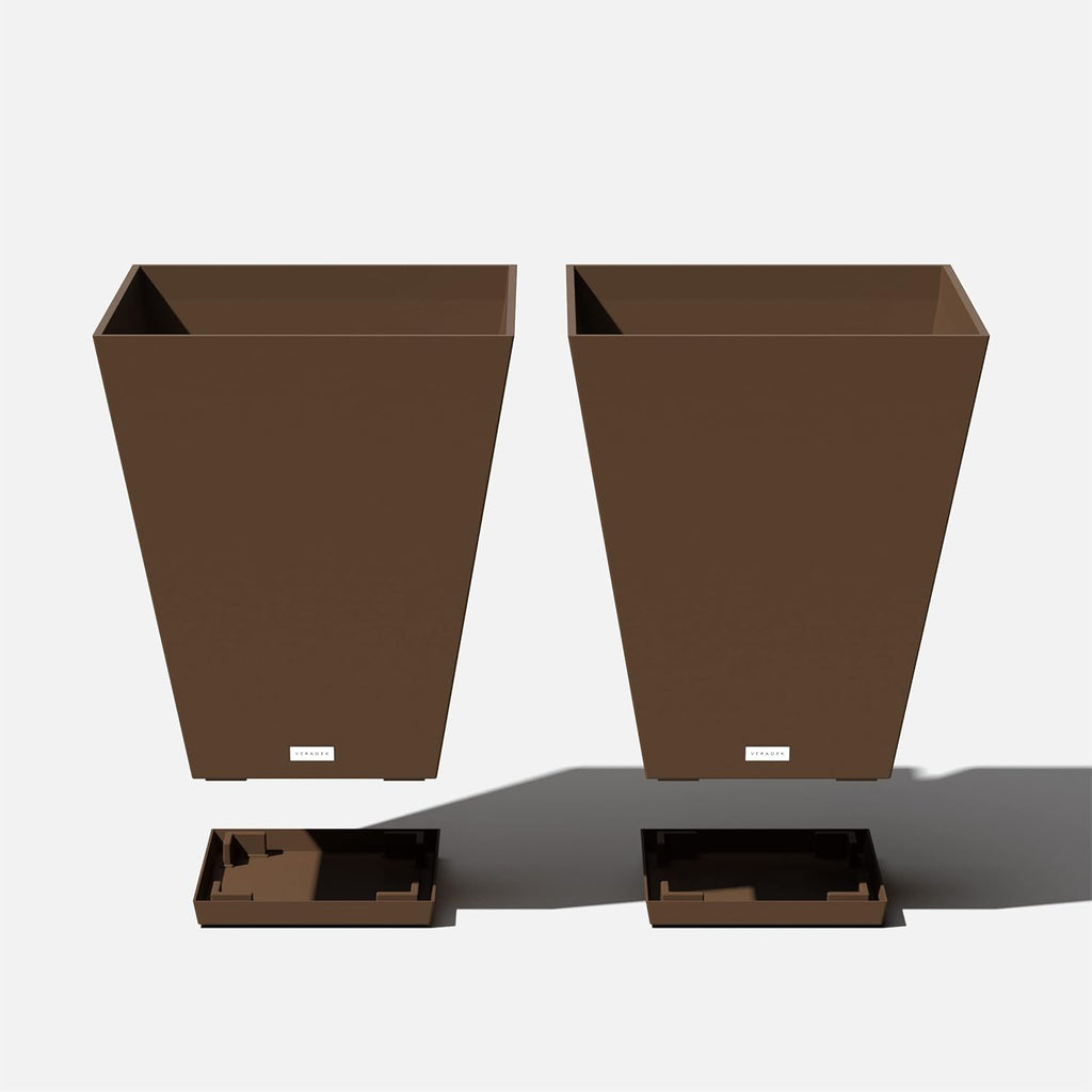 Veradek Nobleton Indoor/Outdoor Wide Square Planter (Espresso, 22 inch - 2 Pack with 2 Saucer Trays)