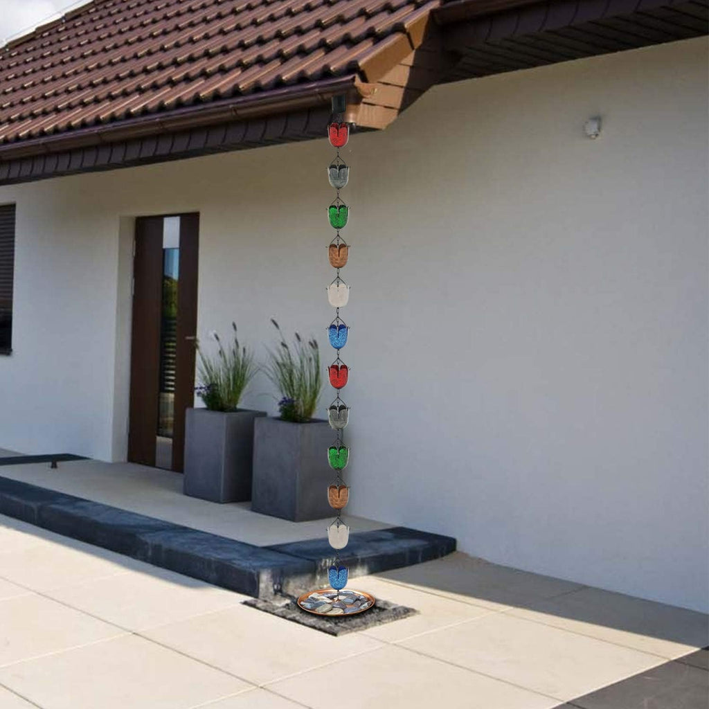 8.5FT Multicolor Rain Chains for Gutter and Rain Barrel, Rust-Resistant Plated Iron Rain Chain, Decorative and Functional Replacement for Downspouts or Gutters, W/Gutter Adapter (2 x 6color Cups)