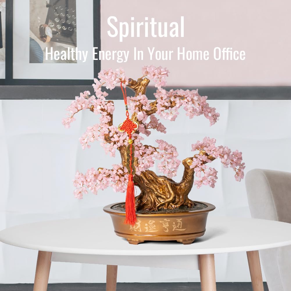 Natural Rose Quartz Gemstone Crystal Bonsai Tree of Life（1,350 Gemstone Count） Large Feng Shui Money Chakra Tree for Luck and Wealth Decoration 20 Inches