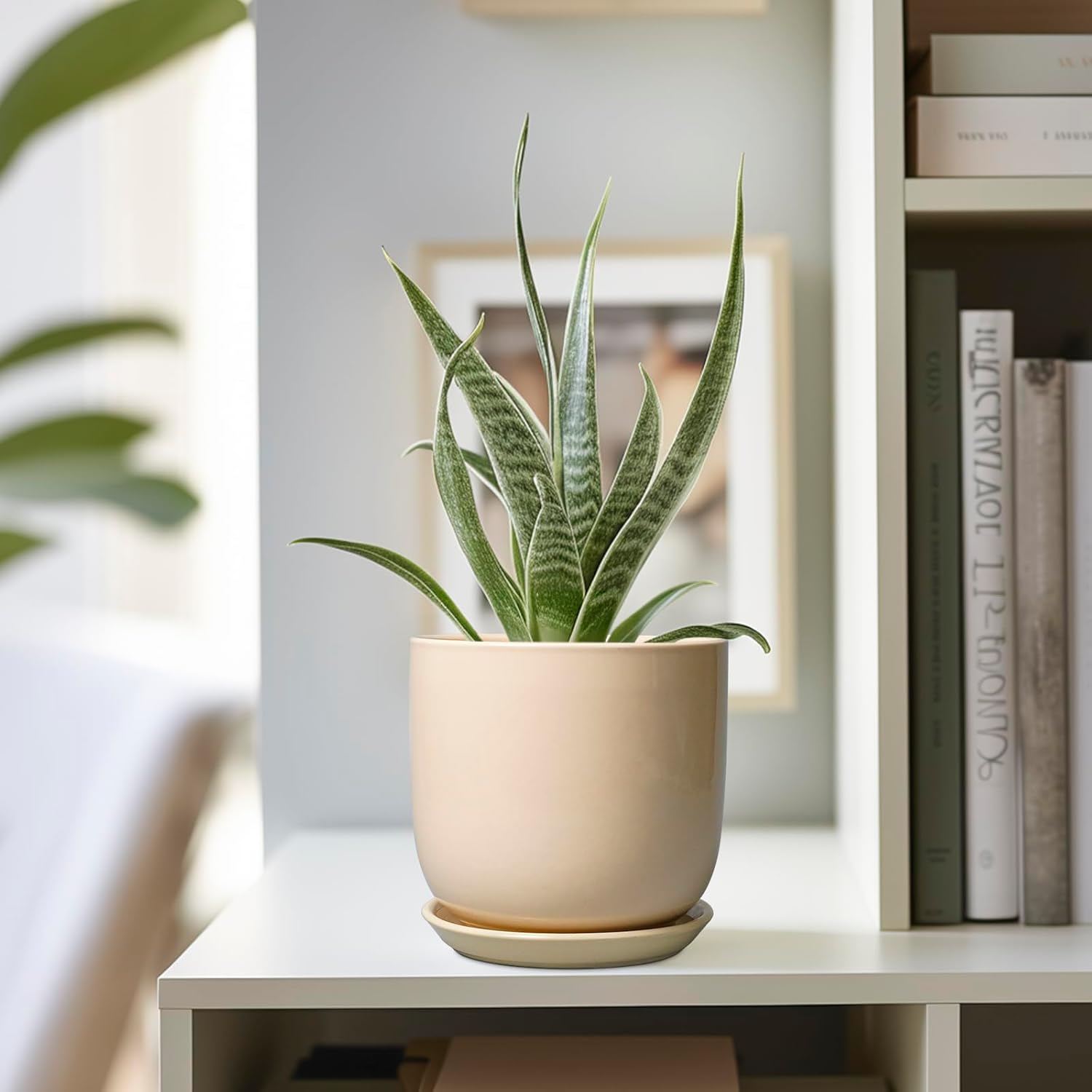 Ceramic Flower Pot 5 Inch - Round Succulent Planter for Indoor Plants with Drainage Hole and Saucer, Patio Room House Office Home Decor, Yellow