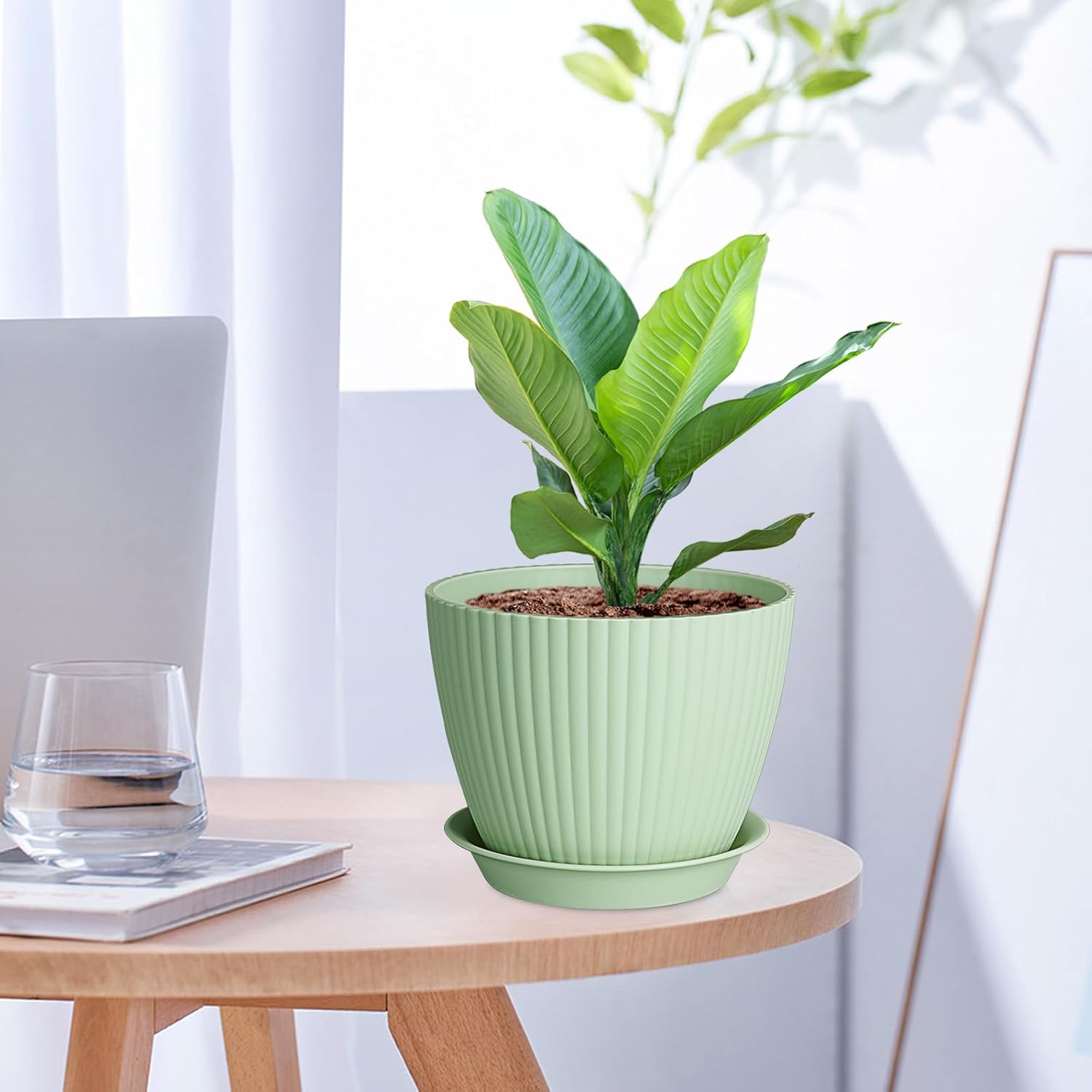 7/6.2/5.5/5/4.5/4 inch Plant Pots, 6 Pack Flower Pots for Small Indoor Outdoor Plants, Plastic Planters with Drainage Holes and Saucers for Garden Succulent House Plants, Green