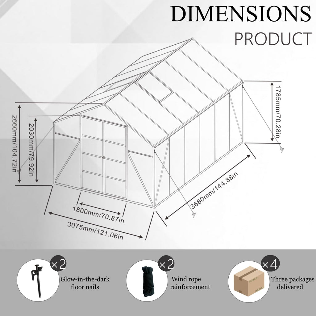 120*144*104in Greenhouse for Outdoors,Polycarbonate Greenhouse with Stronger Wind Protection and Roof Vent,Walk-in Large Aluminum Sunroom Winter Proof,Black
