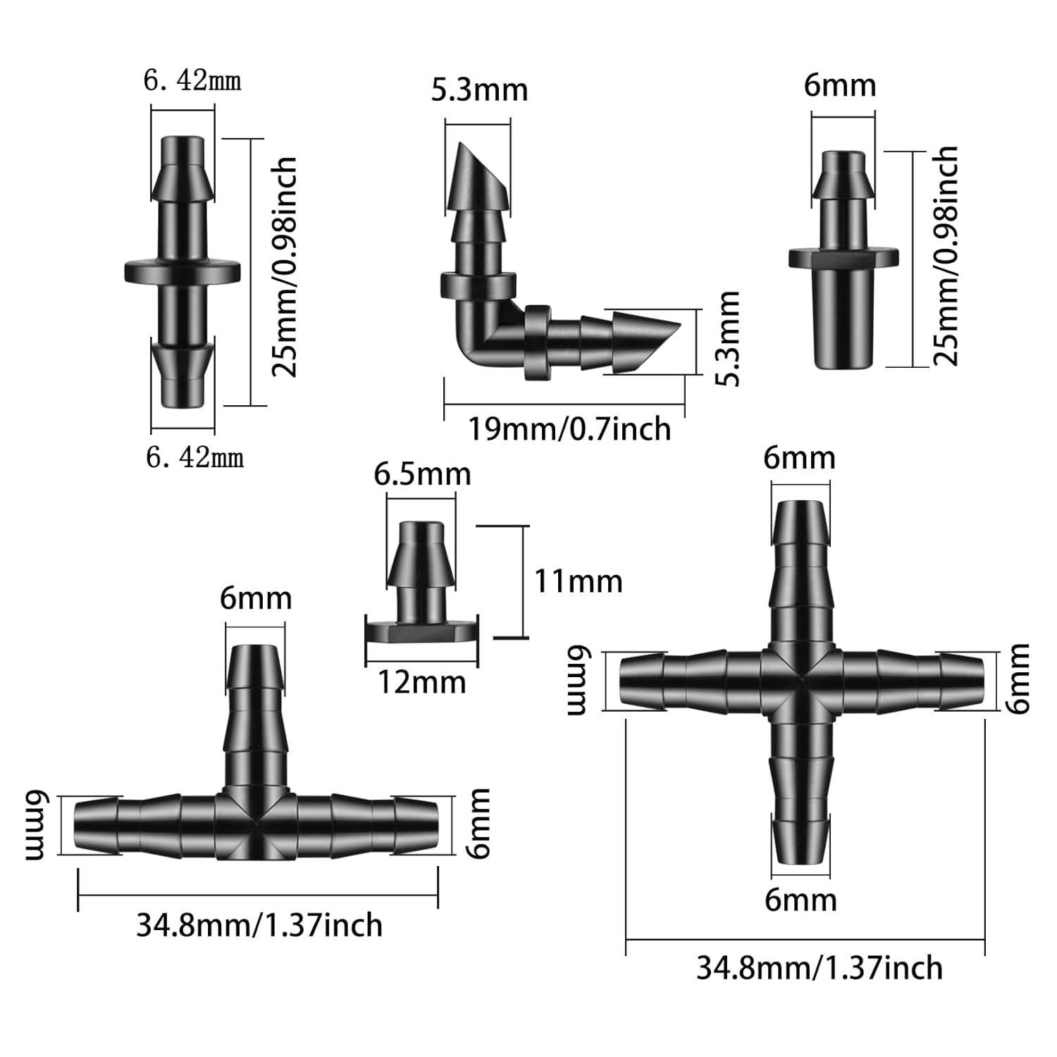 300 Pcs Barbed Connectors Drip Irrigation Fittings Kit, 1/4" Drip Irrigation Kit for Garden Flower Pot Greenhouse Lawn (Straight Barbs,Single Barbs,Tees,Elbows,End Plug,4-Way Coupling)