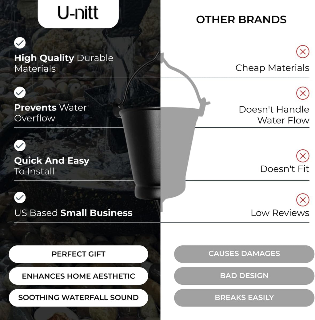 U-nitt Rain Chain Water Collection for Gutters, Rainwater Catcher & Diverter, 8.5 FT Chains for Outside Garden, Black Bucket Cups, Roof Downspout, Works with Heavy Rain, w/Gutter Clip for Rainchains