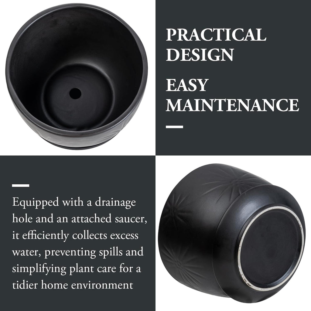 MyGift 7 Inch Round Matte Black Ceramic Plant Pot with Drainage Hole and Attached Saucer, Modern Decorative Embossed Sunburst Planter Container for Indoor Home Garden