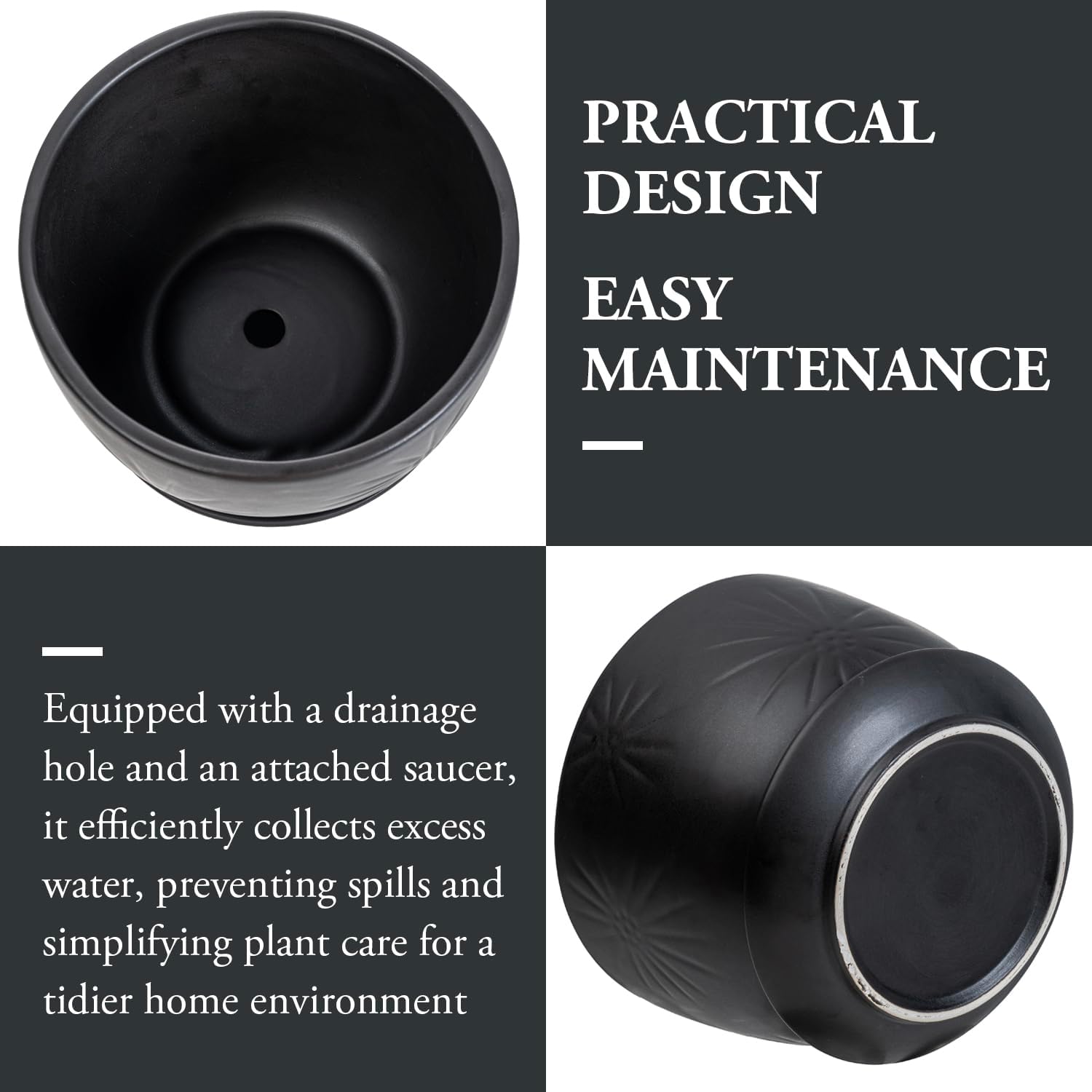 MyGift 7 Inch Round Matte Black Ceramic Plant Pot with Drainage Hole and Attached Saucer, Modern Decorative Embossed Sunburst Planter Container for Indoor Home Garden