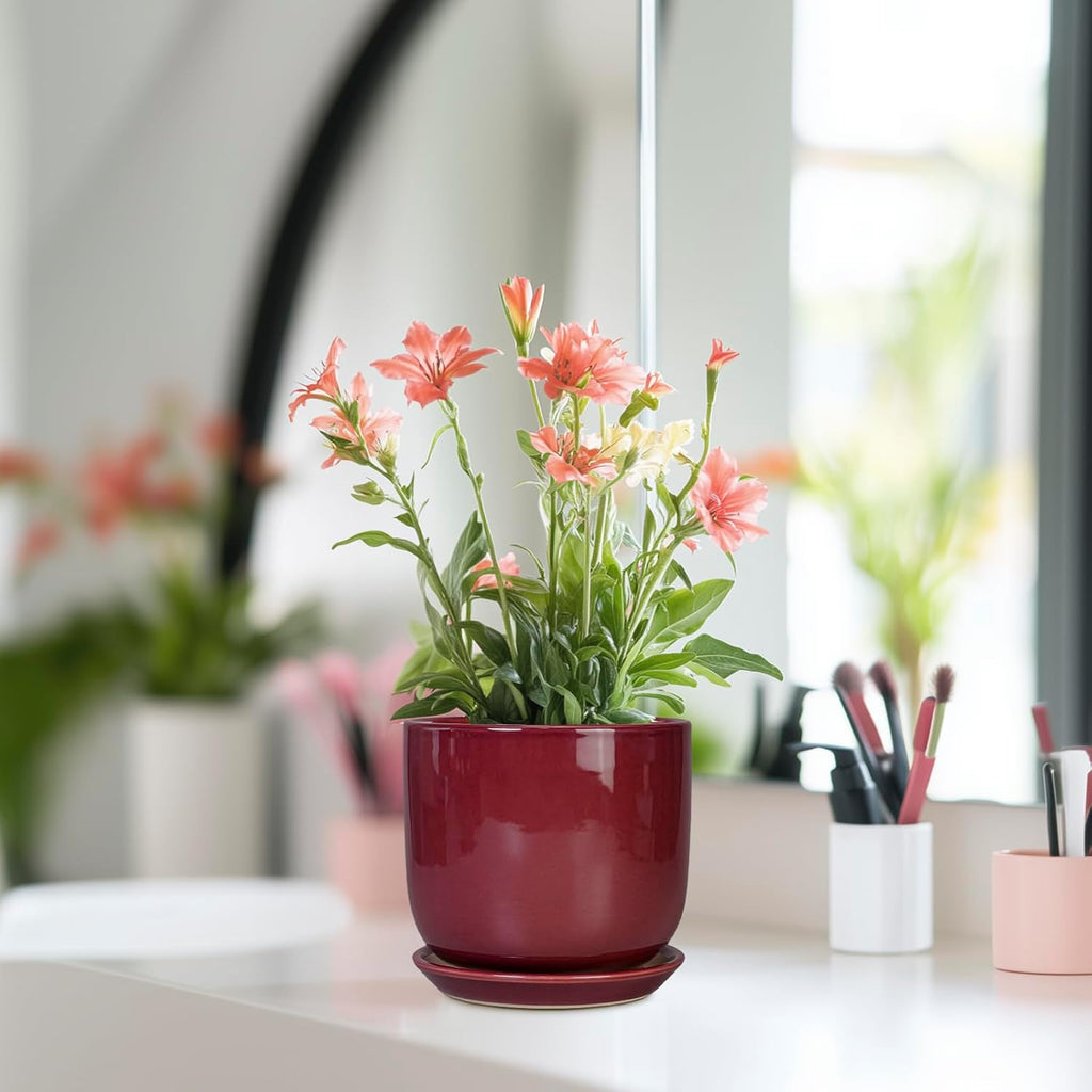 Ceramic Plant Pot - 5 Inch Modern Round Planter for Indoor Plants with Drainage Hole and Saucer, Patio Office House Room Bathroom Decor, Red