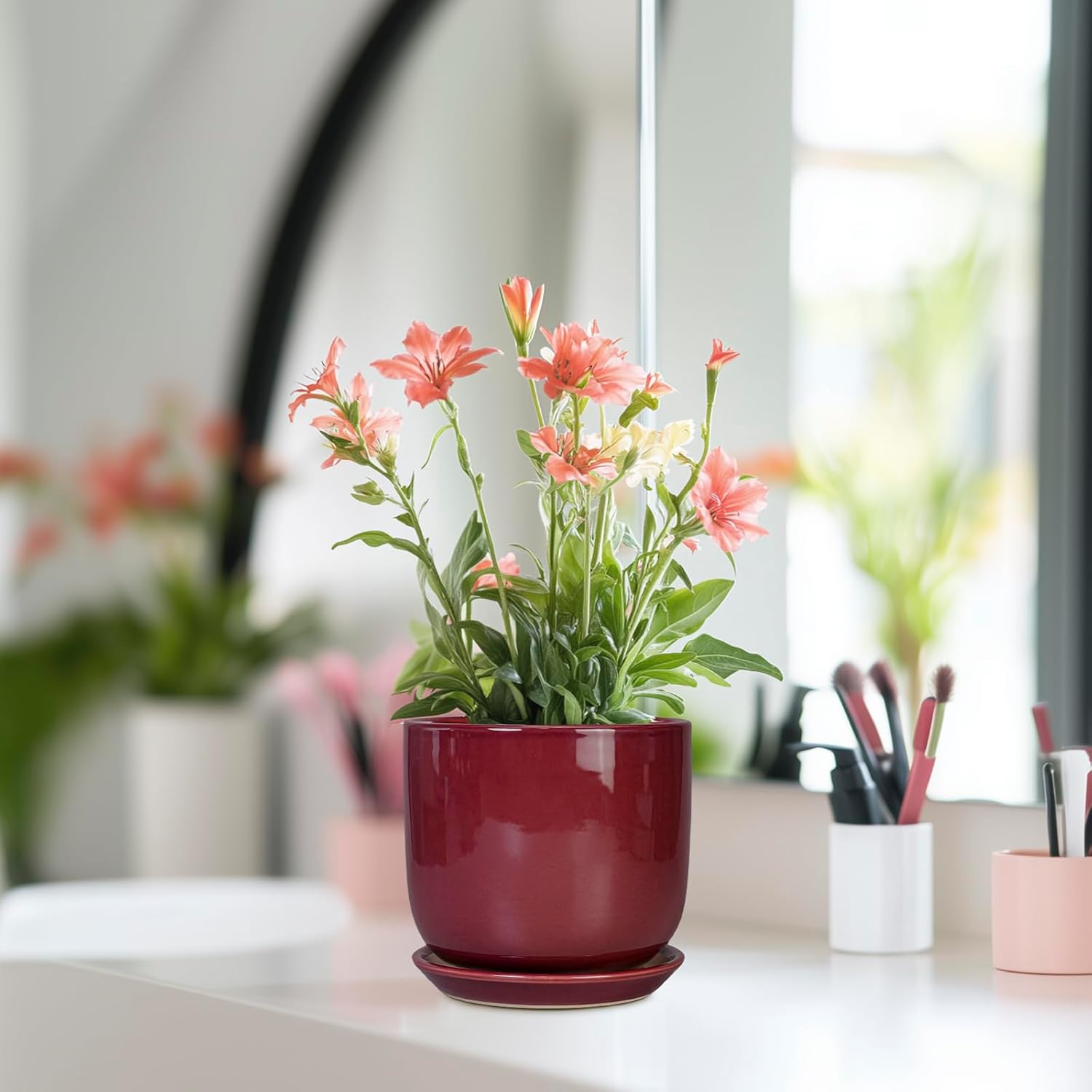 Ceramic Plant Pot - 5 Inch Modern Round Planter for Indoor Plants with Drainage Hole and Saucer, Patio Office House Room Bathroom Decor, Red